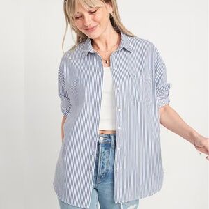 Old Navy Boyfriend Button Down Linen Blend Light Blue and White Stripe